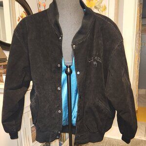 Vintage Camel Black Leather Suede Bomber Jacket With Ribbed Cuffs & Snap Buttons